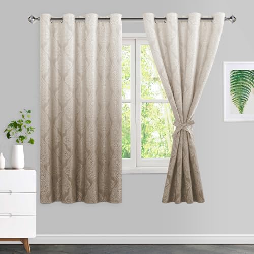 JIUZHEN Taupe Ombre Blackout Curtains for Bedroom??? Damask Patterned Thermal Insulated Noise Reducing Grommet Curtains with Tiebacks, 52 x 72 Inches, Set of 2 Window Curtain Panels