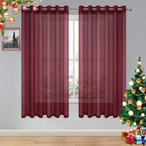 DWCN Sheer Curtains, Faux Linen Grommet Window Curtain Voile Sheer Drapes for Living Room Bedroom Thanksgiving Day & Christmas Decor Set of 2 Panels 70 x 63 Inch Long, Burgundy Red