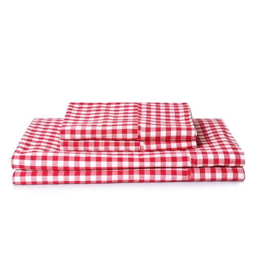 "Cotton Checkered Twin Size Sheets Set 3 Piece, Red Gingham Bed Sheet 100% Cotton Luxury, Breathable & Cooling Sheets Twin Size Bed Set Deep Pockets Upto 16"" Red & White Plaid Sheets"