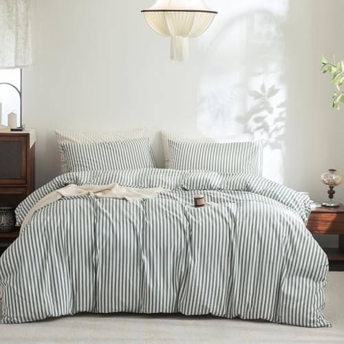 FOSSA Striped Duvet Cover Set 100% Washed Cotton Linen Feel King - Super Soft Breathable Lightweight & All Season Bedding Set with Hidden Zipper & 8 Corner Ties (Heathered Green)