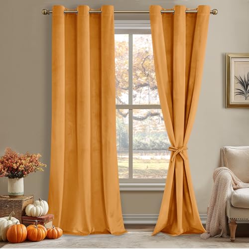 JIUZHEN Velvet Curtains 90 inches - Thermal Insualted Room Darkening Grommet Super Soft Velvet Textured Drapes for Living Room/Bedroom,42W x 90L, Set of 2 Panels, Gold