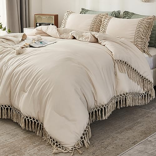 Andency Beige Comforter Set Queen, 3 Pieces Boho Tassel Bedding - Lightweight Soft Comforter Sets(90x90In) and 2 Pillowcases, All-Season Fluffy Fringe