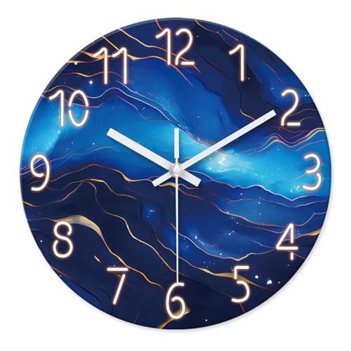 Constantplanet Small Wall Clocks Battery Operated 12 Inch - Blue Marble Wall Clock for Kitchen - Glass Analog Silent Wall Clock Non Ticking