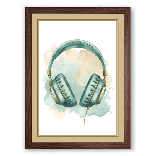 Headphones in Teal Modern Framed Wall Art Print A2 (59.4×42cm) Walnut, Wall Decor for Living Room, Bedroom, Office & Home, Ready to Hang, Art Gift