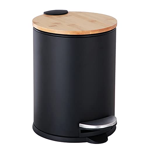 SIDIANBAN Trash Can with Bamboo Lid Soft Close and Foot Pedal, 0.8Gal/3L Mini Round Trash Can with Removable Plastic Inner Wastebasket for Bathroom, Bedroom, Powder Room, Office, Desk, Car, Black