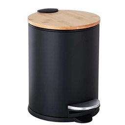 SIDIANBAN Trash Can with Bamboo Lid Soft Close and Foot Pedal, 0.8Gal/3L Mini Round Trash Can with Removable Plastic Inner Wastebasket for Bathroom, Bedroom, Powder Room, Office, Desk, Car, Black
