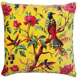Paoletti Paradise Square Cushion Cover - Yellow Colourful Bird Print Velvet Feel Cotton Fabric (50 x 50 cm, Pack of 1)