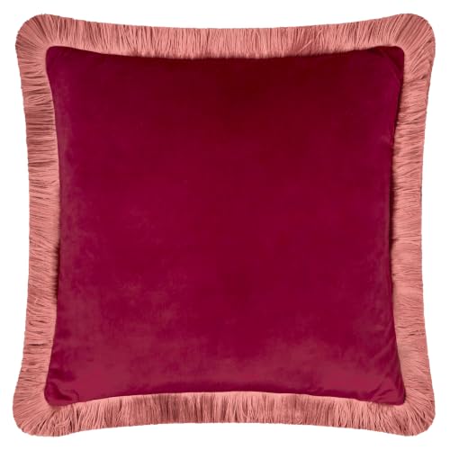 furn. Halo Fringed Velvet Cushion Cover (Burgundy - 50x50cm) - Soft Colour Block Contrasting Trim Luxury Decorative Case