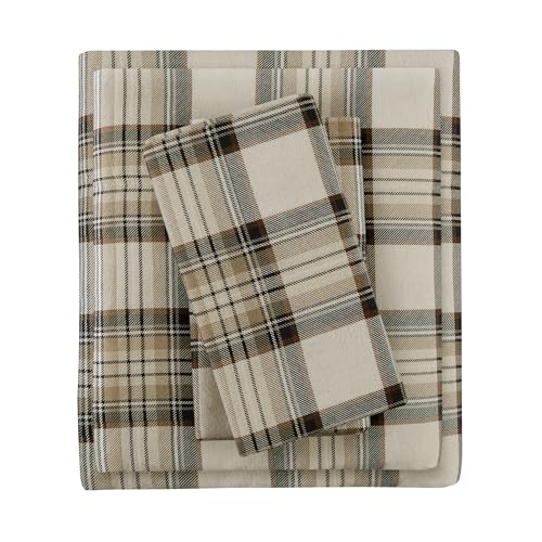 Comfort Spaces 100% Cotton Flannel Sheets Full Size Set, Ultra Soft, 4 Pcs - Breathable, Deep Pocket, Warm Bed Set for Cold Weather, Fitted Sheet, Flat Sheet and 2 Pillowcases, Scottish Plaid Grey/Taupe