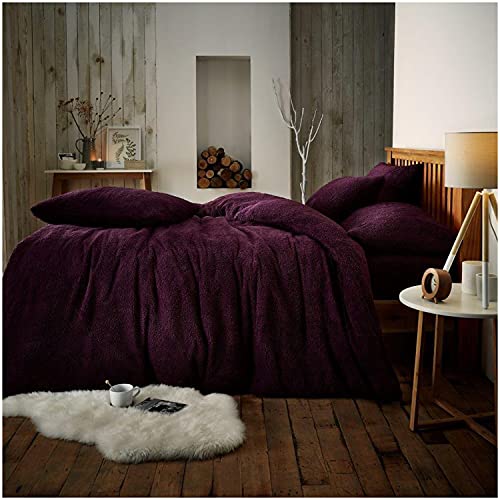 GC GAVENO CAVAILIA Teddy Fleece Bedding Set King Size - Soft Warm Cosy Duvet Cover with Pillowcases - Aubergine