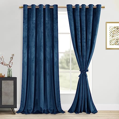 DWCN Velvet Curtains Extra Wide - Navy Blue Blackout Refresh Bundleable Heavy Duty Thermal Insulated Noise Absorb Grommet Window Panels for Bedroom/Living Room Backdrop Decor, W60 x L84, Set of 2
