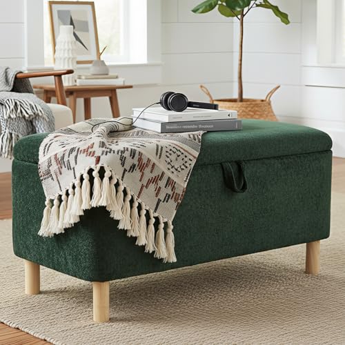 COLAMY Large Ottoman Storage Box for 80L,Wooden Ottoman Storage Bench with Anti-Slip Pads and Lift-Up Lid, Foot Stool for Living Room, Bedroom, Entryway, Boucle Fabric Footstool with Storage, Green