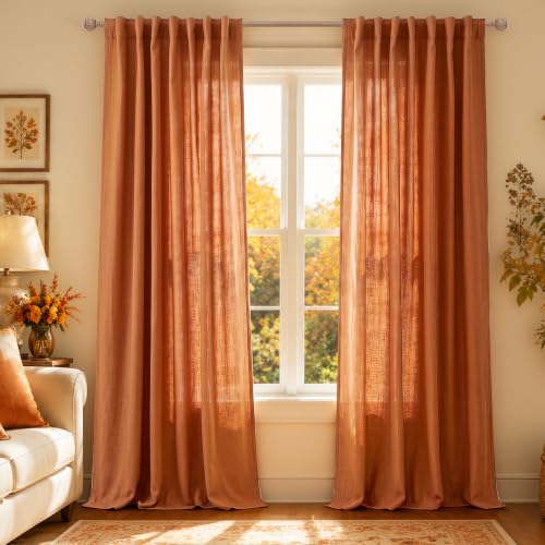 KOUFALL Burnt Orange Back Tab Rod Pocket Linen Sheer Curtains for Living Room 52 by108 Inch Length