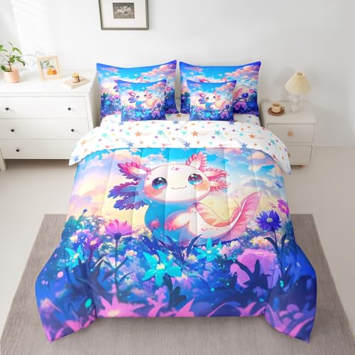 Feelyou Kids Cute Axolotl 7 Pieces Bedding Set Twin Size, Cartoon Animal Comforter Set with Sheets Boys Girls Kawaii Ocean Sealife Bed in A Bag Floral Teens Bed Set Bedroom Decor 7Pcs