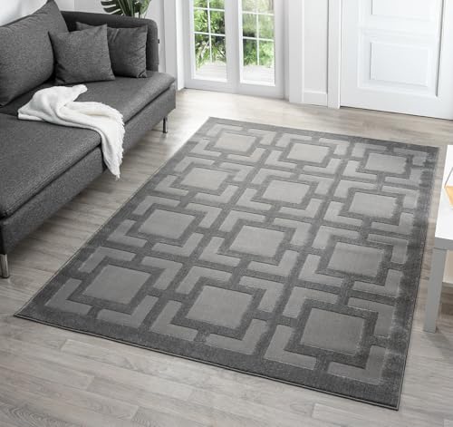 Rugs by Desire Vellure Modern Indoor Living Room Area Rug Embossed Cut-Shrink Pile with Metallic Sheen Jute Backing Living Room - Bedroom Hallway Carpet Maze Grey 60x220 cm