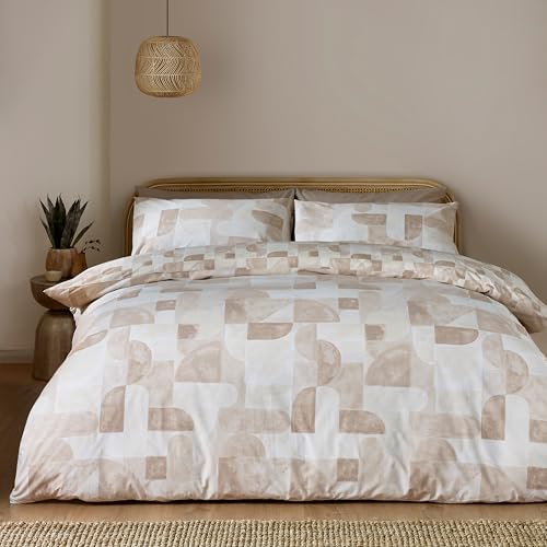 Catherine Lansfield Sloane Geo Reversible Double Duvet Cover Set with Pillowcases Natural