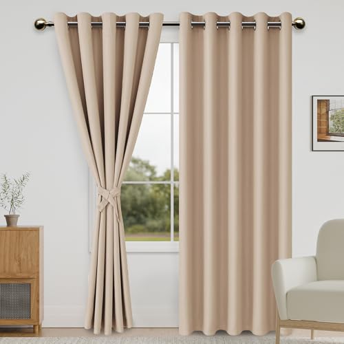DWCN Blackout Curtains for Bedroom with Tiebacks - Room Darkening Privacy Grommet Top Window Curtains for Living Room, 60 x 84 inch Length, Beige, Set of 2
