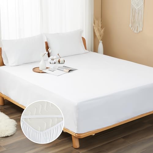 "HOMTEC 100% Cotton Percale Fitted Sheet Full Size, 15"" Deep Pocket, White - Cooling Bottom Sheet, Breathable Soft & Crisp Fitted Sheet Only with 4 Corner Straps"