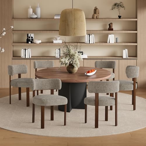 COLAMY Wooden Dining Chairs Set of 6, Fabric Chairs for Dining Room with Open Curved Backrest and Thick Seat Cushion, Upholstered Kitchen Chair with Anti-Slip Pads, Camel