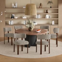 COLAMY Wooden Dining Chairs Set of 6, Fabric Chairs for Dining Room with Open Curved Backrest and Thick Seat Cushion, Upholstered Kitchen Chair with Anti-Slip Pads, Camel