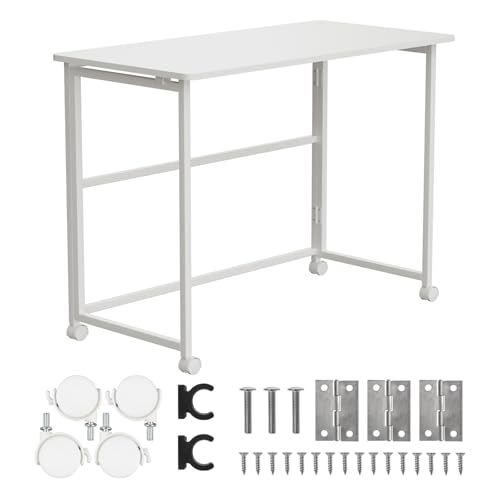 Maclean MC-1250 W Folding Mobile Desk, White, 100 x 50 cm, Steel Frame, 50 kg Load Capacity, Computer Desk, Work Table, Office Table on Wheels