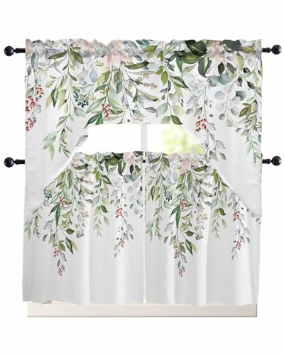 Spring Floral Swag Curtains Valance and Tier Set, Flowers Eucalyptus Leaves Rod Pocket Curtain Drapes for Bedroom Bathroom Over Sink Kitchen Curtains 3 Piece Set Swag Valances and 24 inches Tiers