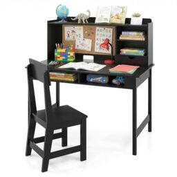 GYMAX Kids Desk and Chair Set, Wooden Children Study Table with Storage Space and Bulletin Board, Toddler Writing Desk Set for Boys Girls, 110 x 60 x 110 cm (Black)