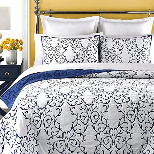 mixinni® Luxury 100% Cotton Embroidered Quilt Bedding Bedspread Comforter -(Double Royal Blue)(Not Including Pillow Shams)