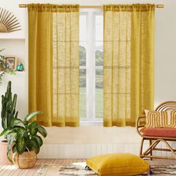 Mustard Yellow Curtains 48 Inch Length for Kitchen Window 2 Panels Set,Small Short Faux Linen Semi Sheer Light Gold Curtains for Bathroom Spring Decor