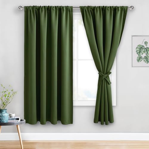 JIUZHEN Christmas Blackout Curtains for Bedroom - Thermal Insulated Room Darkening Noise Reducing, 52 x 63 Inch Length Curtains for Living Room, Set of 2 Panels with Tiebacks, Olive Green