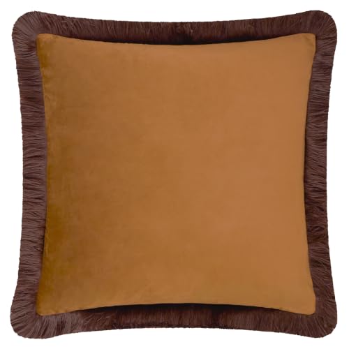 furn. Halo Fringed Velvet Feather Filled Cushion (Caramel - 50x50cm) - Soft Colour Block Contrasting Trim Luxury Decorative Pillow