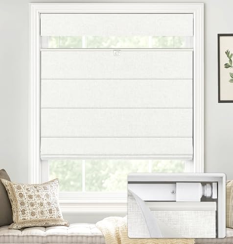 "LazBlinds No Drill TDBU Roman Shades, Blackout - White, 34"" W x 64"" H - No Tools Top Down Bottom Up Cordless Fabric Blinds for Window, Thermal Insulated UV Blocking for Bedroom & Living Room"