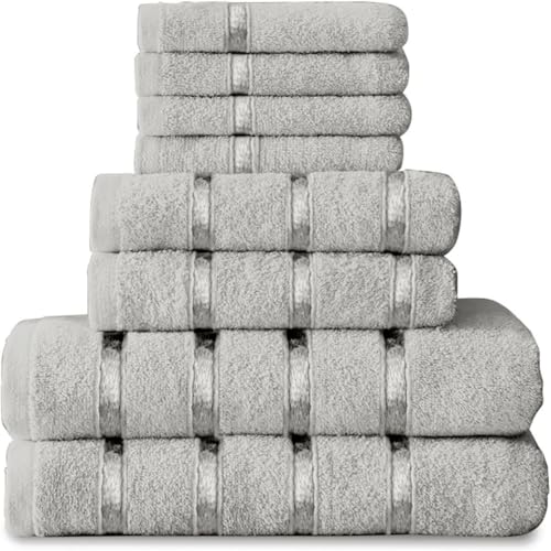 FAIRWAYUK 8-Piece Towels Bale Set for Bathroom, Ultra Soft Premium Quality Water Absorbent Towel Gift Sets, 100% Egyptian Cotton, 4x Face 2x Hand 2x Bath Towels, Silver