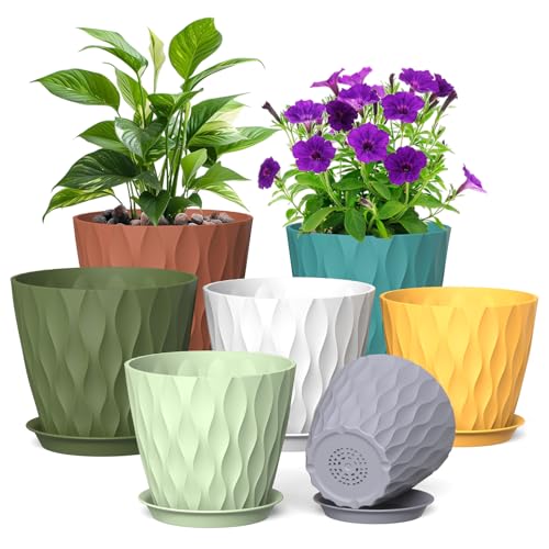 Meowell 7/6.5/6/5.5/5/4.5/4 inch Plant Pots for Indoor Outdoor Plants, 7 Pack Thick Flower Pots with Drainage Holes and Saucers, Modern Wave Texture Small Plastic Planters Nursery Pots, Multicolor