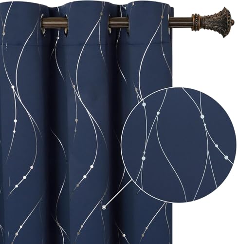 BUHUA Blackout Curtains Silver Foil Print Wave Lines and Dots Grommet Drapes, Room Darkening Thermal Insulated Curtains, Noise Reducing Curtain for Bedroom, Navy Blue, 66Wx72L, 2 Panels