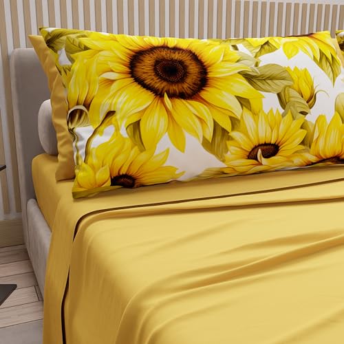 PETTI Artigiani Italiani - Cotton Sheets with Pillowcases in Digital Print, Double Bed Sheet, Sunflower, 100% Made in Italy