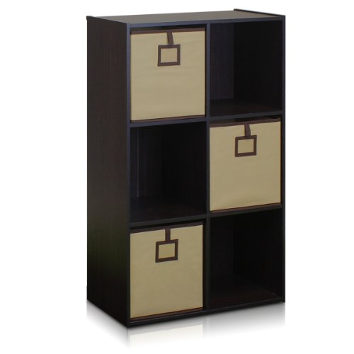 Furinno ECON Bookshelf, 6-Cube Book Shelf, Organizer with Bin, for Living Room, Bedroom, Home Office, 9.4 x 35.1 x 23.5, Espresso