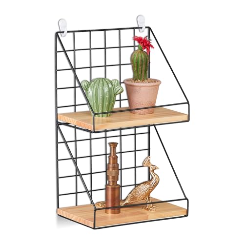 Relaxdays Wall Mounted Shelf, Industrial, 2 Tiers, Decorative Grid, Metal & Wood Look, HWD: 41 x 25 x 16 cm, Black/Brown