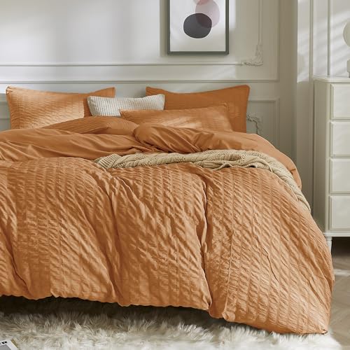 JELLYMONI Burnt Orange Seersucker Duvet Cover Set King Size - Soft Breathable, Cotton-Like Feel, Crinkled Texture, Fall Bedding, Oeko-Tex Certified, 8 Corner Ties & Hidden Zipper