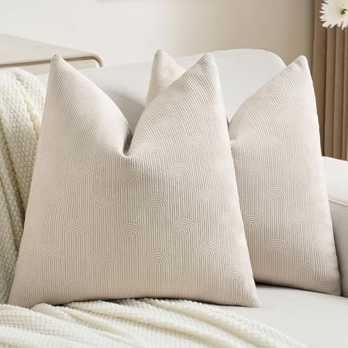FUTEI Beige Chenille Decorative Throw Pillow Covers 16x16 Inch Set of 2,Soft Cozy Striped Geometric Patterns Cushion Case,Modern Home Decor for Couch Bed Living Room