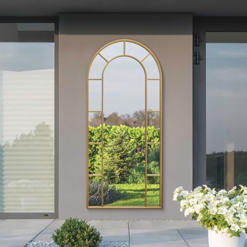 "MirrorOutlet The Arcus - Gold Framed Modern Full Length Arched Garden Leaner Wall Mirror 75"" X 33"" (190CM X 85CM) Silver Mirror Glass with Black All weather Backing."