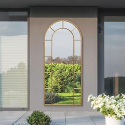 "MirrorOutlet The Arcus - Gold Framed Modern Full Length Arched Garden Leaner Wall Mirror 75"" X 33"" (190CM X 85CM) Silver Mirror Glass with Black All weather Backing."