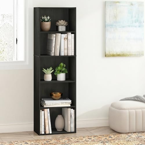 Furinno LUDER Book Shelf, 5-Cube Bookshelf, Bookcase with Open Shelf, 23.9cm x 40.1cm x 132.1cm, for Living Room, Bedroom, Home Office, Darkwood