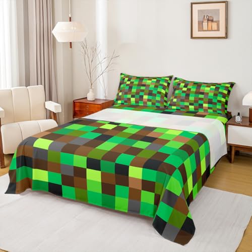 Castle Fairy Green Brown Blocks Bed Sheet Queen Size,Pixelated Grid Bedding Sets 4Pcs for Kids Girls Boys Teens Room Decor,Miners Gaming Fitted Sheets Build Sandbox Theme Top Flat Sheet,2 Pillowcases