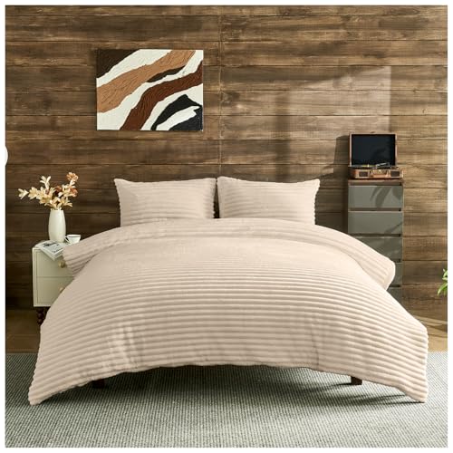 GC GAVENO CAVAILIA Ribbed Fleece Duvet Set With Pillow Cases - Thermal Warm Cozy Winter Bedding Double Duvet Cover Set 200x200 Cm - Hypoallergenic, Washable Polyester Quilt Cover Bed Sets, Cream
