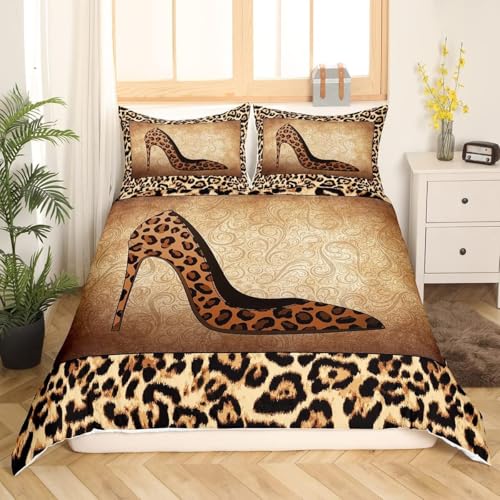 Leopard High Heels Duvet Cover Set King Size Romantic Mandala Floral Bedding Set for Kids Girls Women Adult Room Decor 3pcs Wild Animals Skin Comforter Cover Fashion Brown Quilt Cover,2 Pillowcases