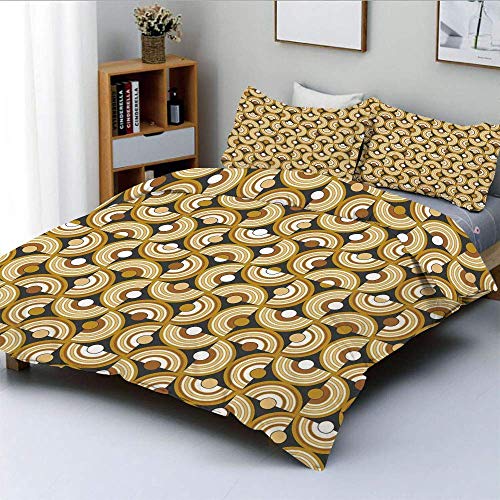 Duvet Cover Set,Funky Abstract Motif Half Circular Inner Round Forms Spiral Hoops Artwork Decorative 3 Piece Bedding Set with 2 Pillow Sham,Grey Marigold Cinnamon,Best Gift for