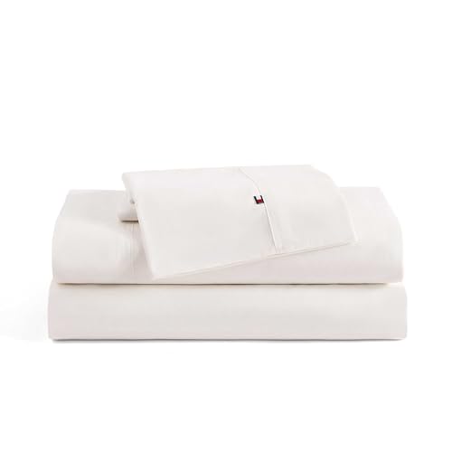 Tommy Hilfiger - Sheet Set, Cotton Washed Percale Bedding with Matching Pillowcases, Crisp & Cool, Solid Home Essentials (Ivory, Twin XL)