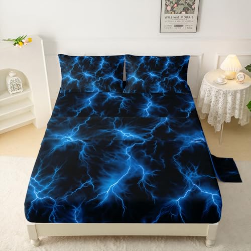 QOOMO Glowing Pattern Kids Sheet Set, Soft Microfiber Neon Light Sheets for Children Teens, Twin Blue Bed Set with Deep Pocket, 1 Fitted Sheet, 1 Flat Sheet, 2 Pillow Cases