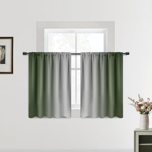 SimpleHome Sage Green Ombre Rod Pocket Curtains,2 Panels,52Wx36L - Small Kitchen Window Curtains Over Sink - Thermal Insulated Window Half Short Curtains for Cafe/RV Camper/Bathroom